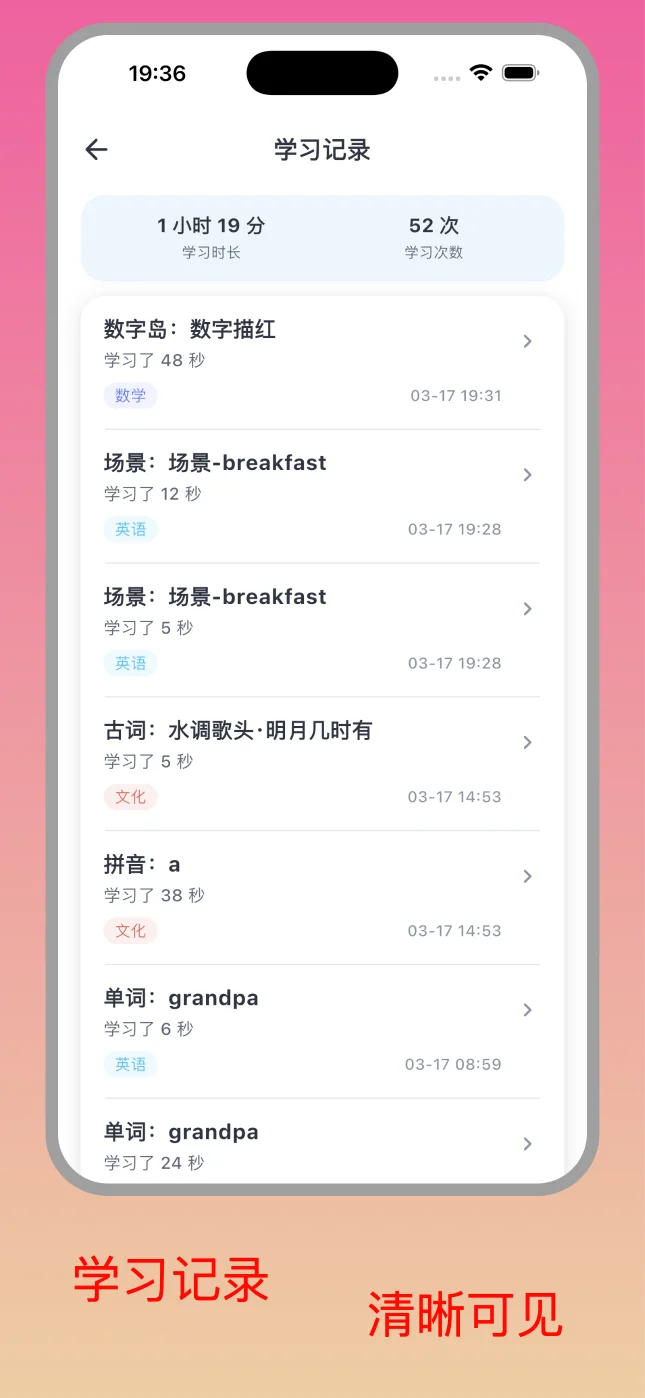 知趣岛学习记录海报，展示学习时长、次数和近期学习内容
